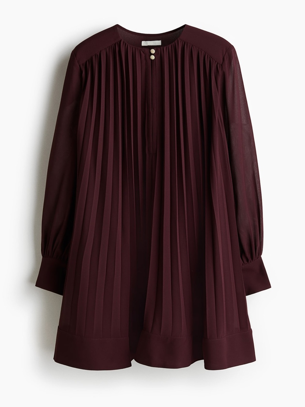 H&M Pleated Long-Sleeve Tunic Dress in Burgundy